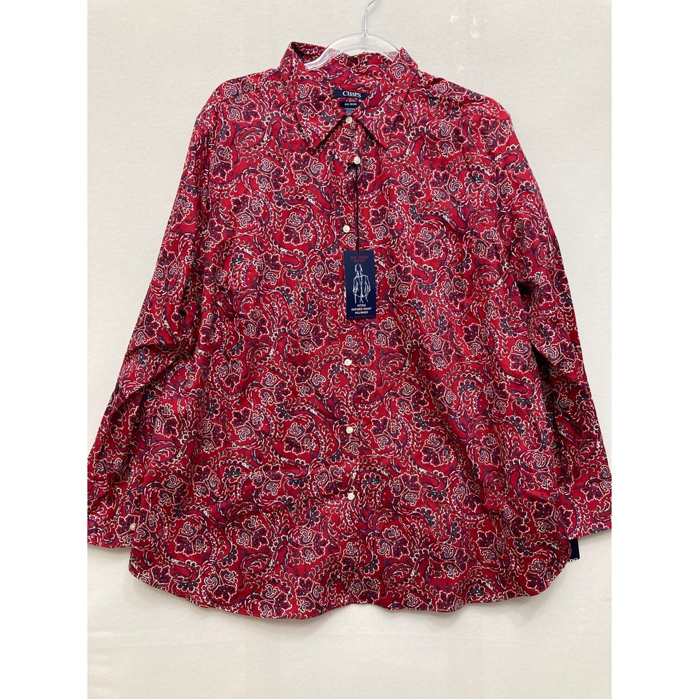 New Chaps Button Down Shirt 2X Paisley No Iron Slimming Fit Long Sleeve Cotton
